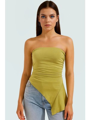 Yazlık Kolsuz Bluz Straplez Asimetrik Viskon Ribana Kumaş Uzun Ömürlü Zarifane Tasarım