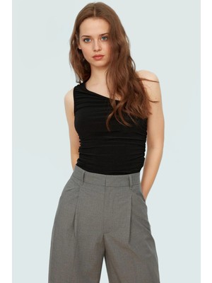 Fitted Tek Omuz Bluz Esnek Örme Crop Boy Modern Stil Premium Kalite Seçkin Malzeme