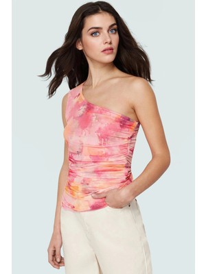 Asimetrik Yaka Kolsuz Fitted Örme Bluz Tül Kumaş Çiçek Desenli Rahat Özenle Seçilmiş