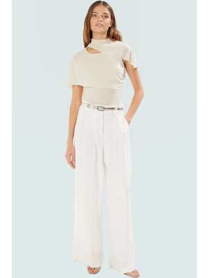 Şık Bluz Dik Yaka Cut Out Detay Simli Örme Yazlık Özel Tasarım Günlük Kullanım Için