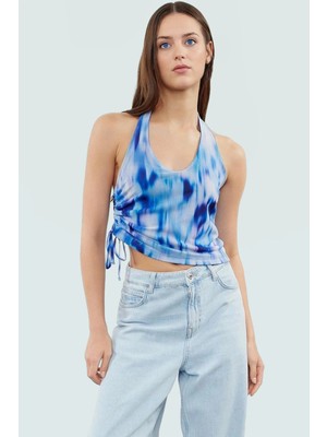 Boyundan Bağlamalı Crop Bluz Soyut Desenli Örme Tül Günlük Stil Yüksek Kalite