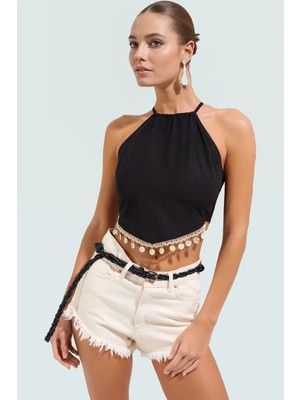 Aksesuarlı Plaj Bluz Nefes Alan Keten Karışımlı Dokuma Kolsuz Hakim Yaka Rahat ve Şık