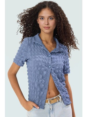 Fitted Polo Yaka Kısa Kollu Gofre Örme Bluz Yazlık Casual Kombinler Için Konforlu Kesim