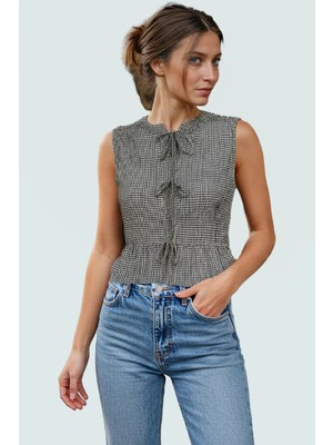 Yazlık Ekose Bluz Bisiklet Yaka Kolsuz Regular Kalıp Dokuma Kumaş Günlük Stil