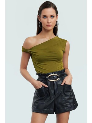 Fitted Kalıp Kolsuz Örme Bluz Asimetrik Yaka Tasarım Konforlu Kesim Dayanıklı Malzeme