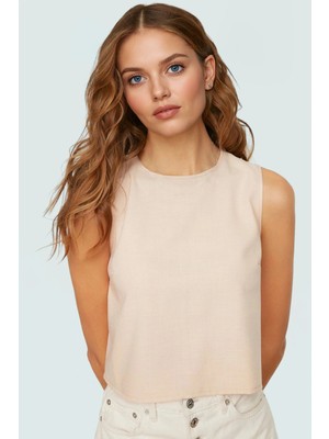 Regular Kalıp Polyester Crop Bluz Bisiklet Yaka Aerobin Dokuma Yazlık Yüksek Kalite