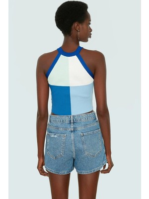 Renk Bloklu Triko Crop Bluz Halter Yaka Yazlık Polyester Günlük Konforlu Kesim Dayanıklı Malzeme
