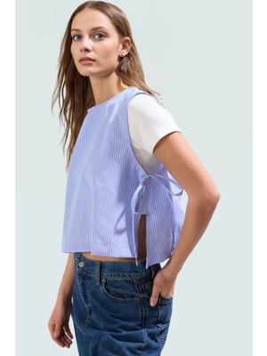 Kolsuz Çizgili Bluz Oversize Terrycotton Kumaş Bisiklet Yaka Yazlık Crop Kaliteli Işçilik