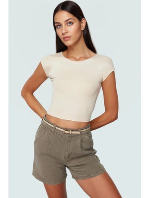 Viskon Ribana Kadın Crop Bluz Ay Kol Bisiklet Yaka Fitted Günlük Özenle Seçilmiş Seçkin Malzeme