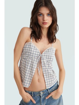 Ince Askılı Crop Bluz Çok Ekose Desenli Polyester Saten Yazlık Yüksek Kalite