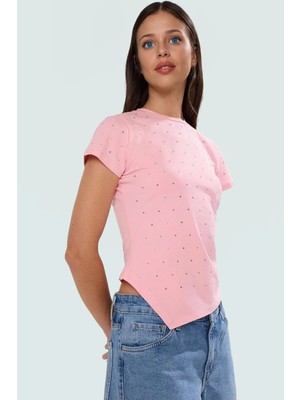 Asimetrik Taşlı T Shirt Pamuklu Fitted Yazlık Dayanıklı Malzeme Modern Stil Özenle Seçilmiş