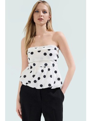 Kolsuz Terrycotton Bluz Puantiyeli Desen Fitted Kalıp Yazlık Konforlu Kesim