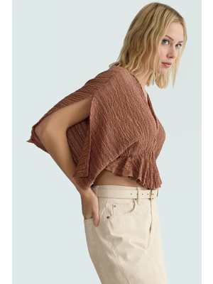 Rahat Yazlık Bluz Keten Karışımlı V Yaka Kısa Kol Regular Kalıp Uzun Ömürlü Kullanım