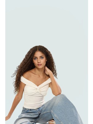Fitted Crop Bluz Renk Carmen Yaka 97% Viskoz Yazlık Şık Görünüm Uzun Ömürlü
