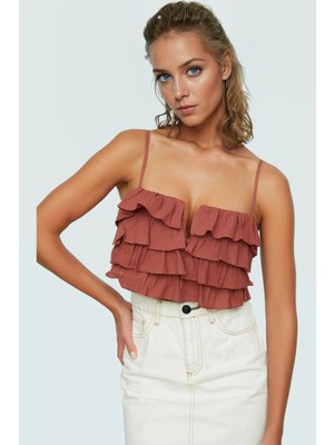 Pamuklu Crop Bluz Plaj Stilleri Için Fırfırlı Kolsuz Rahat Kesim Kaliteli Işçilik