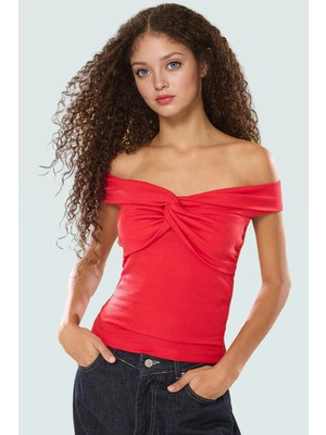 Fitted Crop Bluz Renk Carmen Yaka 97% Viskoz Yazlık Şık Görünüm Uzun Ömürlü