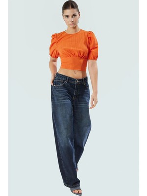 Rahat ve Şık Crop Bluz Dokuma Kumaş Bisiklet Yaka Yazlık Özel Tasarım