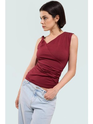 Pamuklu Elastanlı Bluz Asimetrik Yaka Büzgü Detay Rahat Kalıp Dayanıklı Malzeme