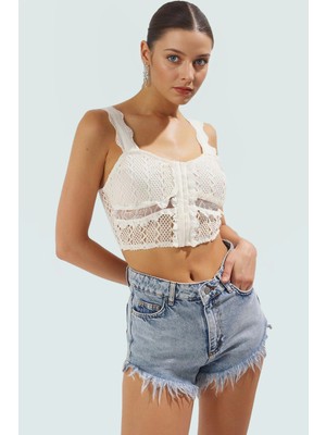Kolsuz Dantelli Örme Bluz Plaj Günlük Yazlık Fitted Basic Uzun Ömürlü Rahat Kullanım
