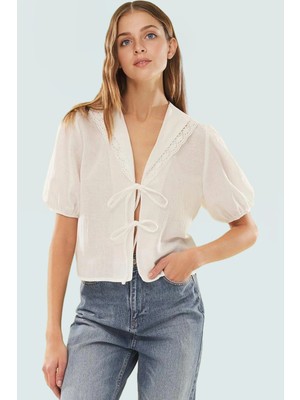 Dokuma Crinkle Bluz V Yaka Önü Bağlamalı Yazlık Modern Stil Dayanıklı Malzeme