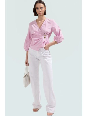 Yazlık Kısa Kol Çizgili Terrycotton Bluz V Yaka Casual Modern Stil Yüksek Kalite Uzun Ömürlü