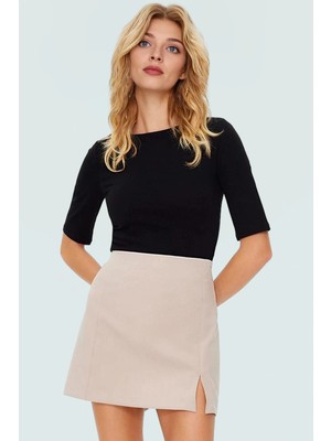 Pamuklu Likralı Penye Bluz Fitted Kayık Yaka Kısa Kol Yazlık Günlük Kullanım Için