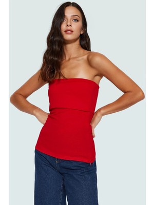 Yandan Fermuarlı Krep Örme Straplez Bluz Premium Kalite Modern Stil