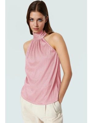 Iş ve Günlük Kullanım Için Polyester Örme Pilise Bluz Halter Yaka Profesyonel Görünüm