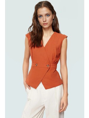 Yazlık Kolsuz Bluz Pamuklu Keten Görünümlü V Yaka Düğmeli Rahat Kesim Özenle Seçilmiş