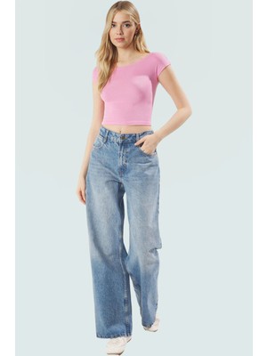 Viskon Ribana Kadın Crop Bluz Ay Kol Bisiklet Yaka Fitted Günlük Özenle Seçilmiş Seçkin Malzeme