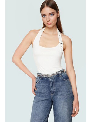 Fitted Kalıp Viskoz Ribana Crop Bluz Boyundan Bağlamalı Yaka Günlük Stil