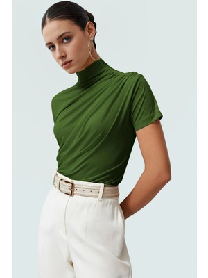Polyester Elastan Örme Bluz Dik Yaka Fitted Kısa Kollu Yazlık Yüksek Kalite Rahat Kullanım