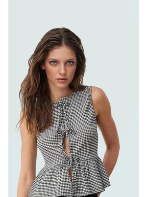 Yazlık Casual Ekose Peplum Bluz Bağcıklı Bisiklet Yaka Polyester Uzun Ömürlü
