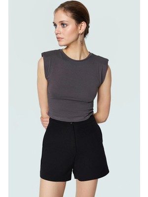 Fitted Vücut Oturan Kolsuz Örme Bluz Bisiklet Yaka Tasarım Premium Kalite Trend