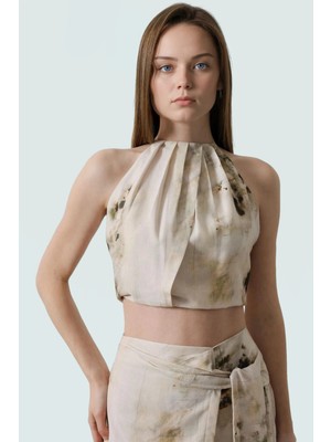 Yazlık Şık Crop Bluz Halter Yaka Keten Görünümlü Regular Kalıp 100% Polyester Uzun Ömürlü