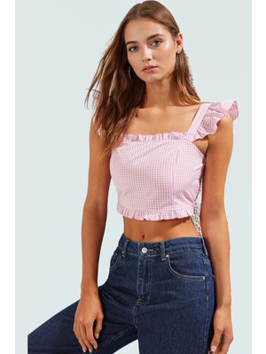 Cool & Comfort Yazlık Crop Bluz Terrycotton Pötikare Kare Yaka Dayanıklı Malzeme