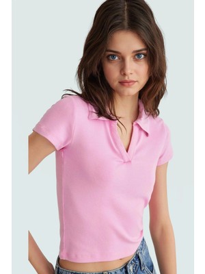 Viskoz Ribana Örme Bluz Crop Polo Yaka Fitted Rahat Kullanım Premium Kalite Modern Stil