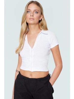 Fitted Crop Bluz Polo Yaka Kısa Kollu Pamuklu Yazlık Kaliteli Işçilik Şık Görünüm