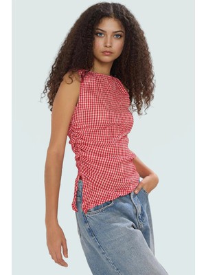 Nefes Alan Örme Bluz Ekose Desen Fitted Kalıp Yazlık Şık Görünüm Rahat ve