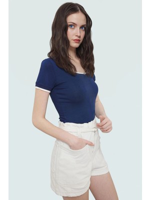 Renk Bloklu Pamuklu Bluz Rahat Fitted V Yaka Kısa Kollu Yazlık ve Şık