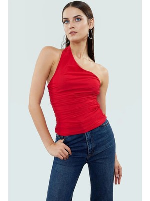 Polyester Elastan Bluz Bağlamalı Asimetrik Yaka Kolsuz Fitted Kalıp Yazlık