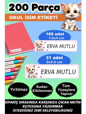 Kt Grup Sevimli Kedicik Kalem Defter Okul Etiketi - Kişiye Özel Isim Yazılabilen 200 Adet Etiket