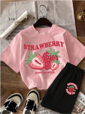 Strawberry Baskılı Kız Çocuk/yetişkin Alt Üst Takım – Yazlık Tişört ve Şort Seti