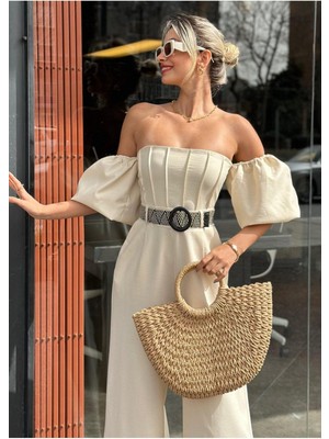 Puf Kol Kemerli Straples Cepli Geniş Ispanyol Paça Yüksek Bel Gece Kokteyl Davet Yazlık Uzun Tulum