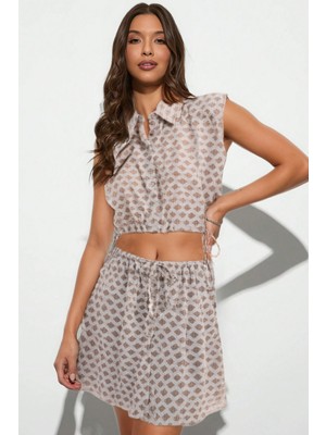 Modern Etnik Desenli Yüksek Bel Mini Etek ve Bağlamalı Bluz Yazlık Ikili Takım