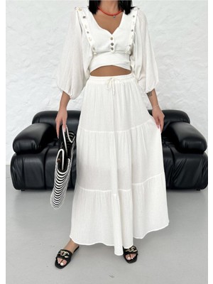 Midyeli V-Yaka Bağlamalı Crop Dizaltı Etek Bluz Sahil 2li Takım