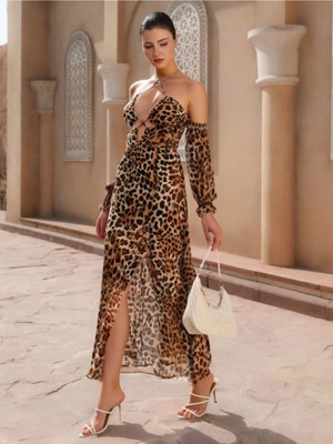 Viral Göğüs Bağlamalı Yan Yırtmaçlı Pencereli Şifon Uzun Davet Kokteyl Maxi Dar Kalıp Elbise