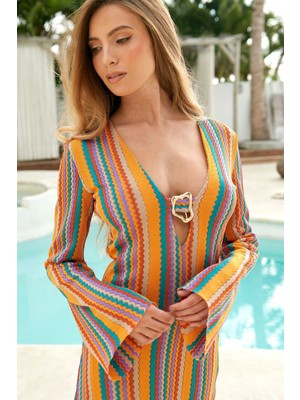 Sürrealist Altın Tokalı 1970 Ler Desenli Zikzaklı Boho Hippi Kollu Plaj Beach Club Tatil Elbisesi