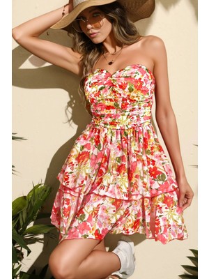 Minik Çiçekli Gizli Sırt Fermuarlı Astarlı Straples Uçuşan Şifon Trendy Gece Elbisesi