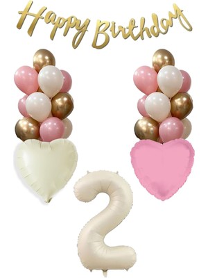 Atölye Mi 2 Yaş Kız Doğum Günü Konsepti Retro Krem Renkli Balon Zinciri Seti Happy Birthday Bannerlı